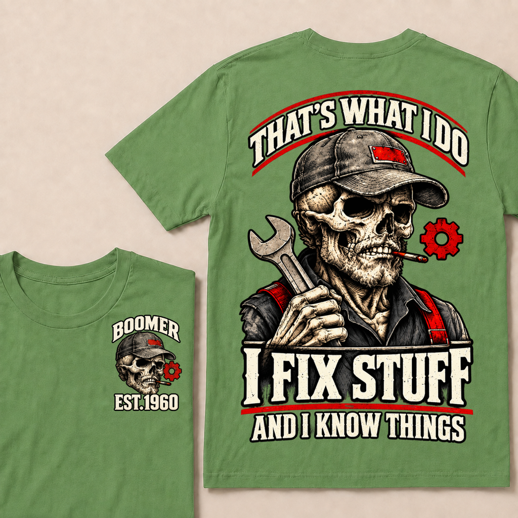 That's What I Do I Fix Stuff And I Know Things Boomer Est. Year Tee