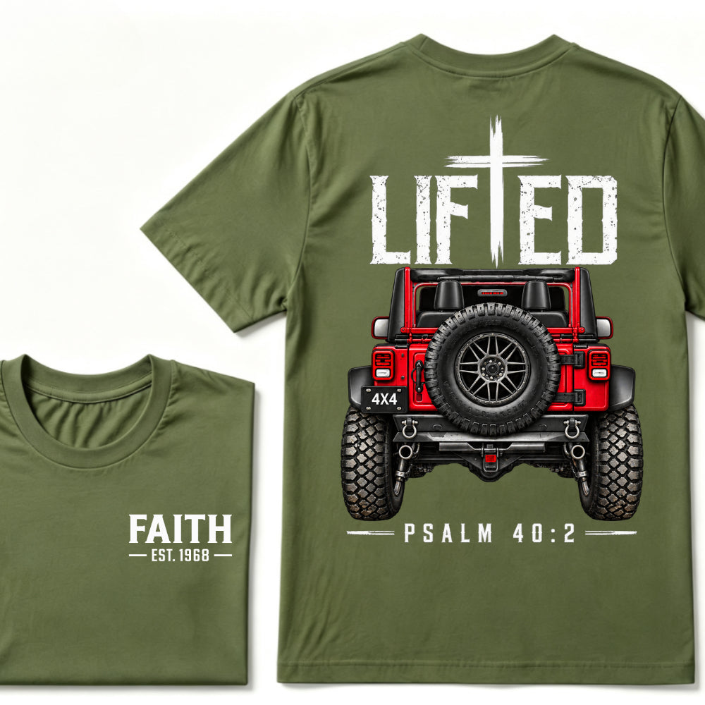 LIFTED Faith Psalm 40:2 Offroad 4X4 Jeep Christian T-Shirt EST.Year Religious Faith Graphic Tee