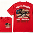 Too Old To Fight Too Slow To Run But I Can Still Shoot Cowboy Skull American Flag T-Shirt EST.Year Vintage Western Tee