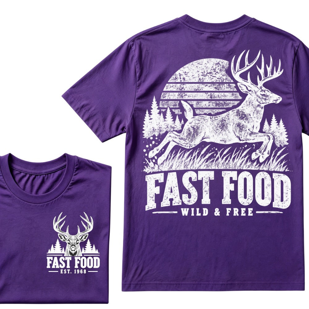 Fast Food Wild & Free Deer Hunting T-Shirt EST.Year Vintage Buck Hunter Forest Graphic Tee