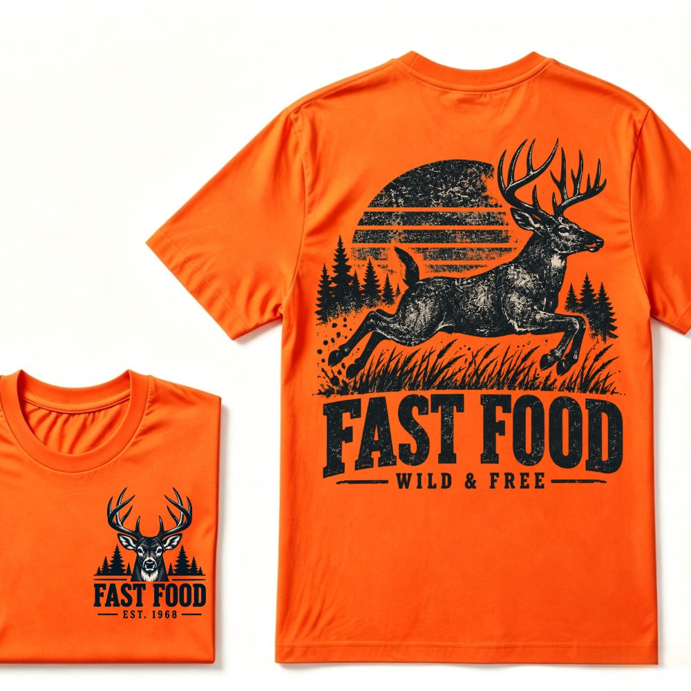 Fast Food Wild & Free Deer Hunting T-Shirt EST.Year Vintage Buck Hunter Forest Graphic Tee